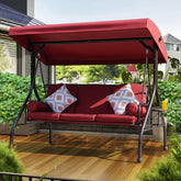 3-Seat Outdoor Porch Swing Chair with Adjustable Canopy, 2 Foldable Side Trays, 3 Cushions & 2 Pillows, Wine Red